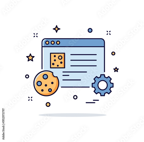 Cookie based tracking awareness theme shown through a browser window icon paired with a small cookie symbol and a settings gear accent. The composition