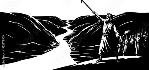 Black Vector Silhouette: Moses Parting the Red Sea A dramatic black vector silhouette depicting Moses standing on a shore with his staff raised, facing the sea