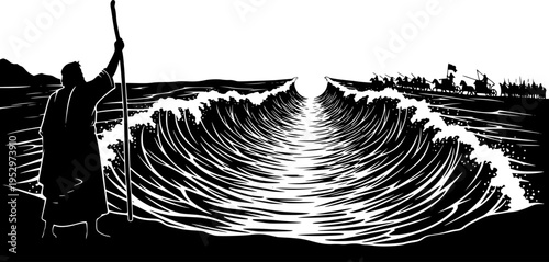 Black Vector Silhouette: Moses Parting the Red Sea A dramatic black vector silhouette depicting Moses standing on a shore with his staff raised, facing the sea