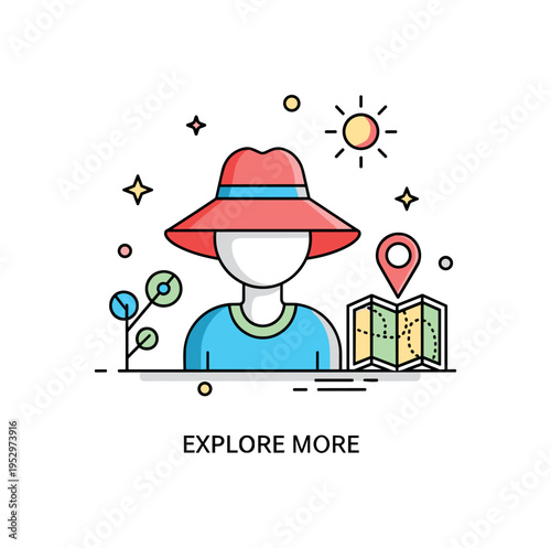 Wearing a sunhat travel exploration concept showing a simplified figure in a broad hat with a small map pin and folded map nearby, conveying curiosity and