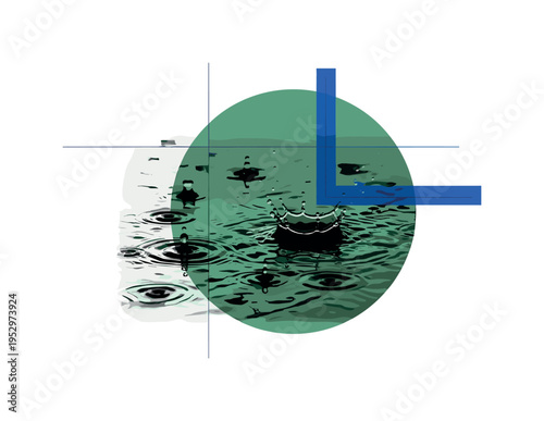 Black and white raindrops hitting a puddle in close-up detail, oversized deep green circular halo anchoring center, sharp blue rectangular bar intersecting