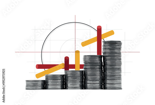 Monochrome close-up of stacked coins forming ascending columns, high-contrast vintage feel, intersected by sharp abstract rectangles and cylindrical shapes in