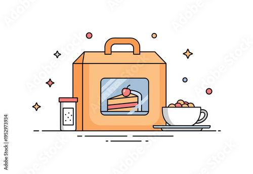 Bakery gift packaging design theme represented by a neat pastry box with a small transparent window revealing a cake slice inside. The scene communicates
