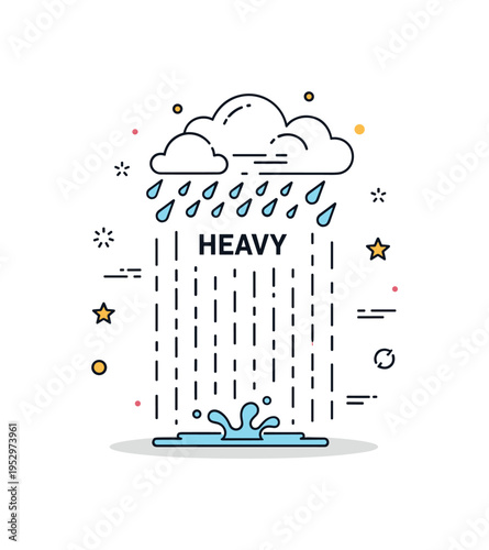 Heavy rainfall concept featuring dense vertical raindrop lines and a small puddle splash expressing intensity and dynamic weather conditions. Balanced shadow