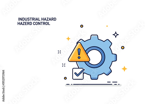 Industrial hazard control illustrated through a gear icon combined with a small warning triangle and check mark, expressing regulated processes and preventive