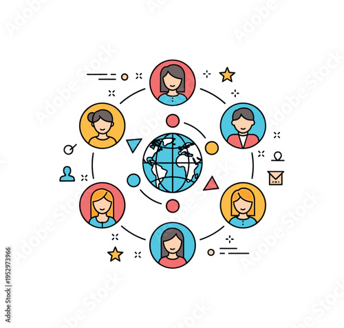 Global freelance community badge presenting interconnected character icons forming a circle around a small world symbol, representing distributed talent and