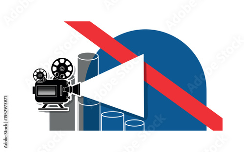 Black and white vintage film projector casting a strong geometric light triangle forward, bold deep blue semicircle backdrop intersected by a red diagonal