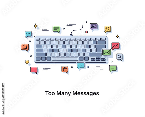 Keyboard smashing customer support overload theme shown as a keyboard surrounded by tiny message bubble icons, expressing high volume communication stress in a