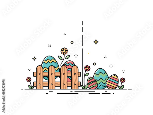 Easter garden corner with patterned eggs peeking out from behind a small wooden fence symbolizing surprise and hidden delights. Subtle flower accents reinforce