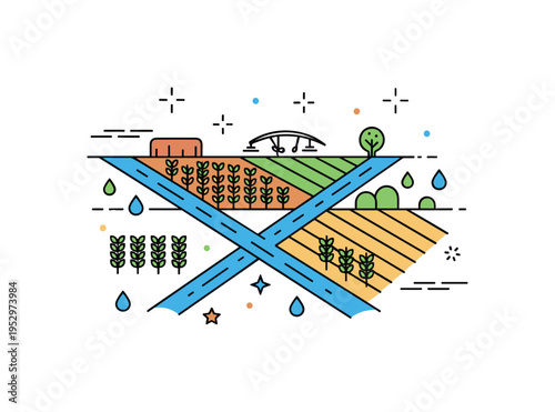 Rural irrigation farmland landscape depicted by cultivated plots intersected with simple blue water channels, symbolizing resource management and crop care.