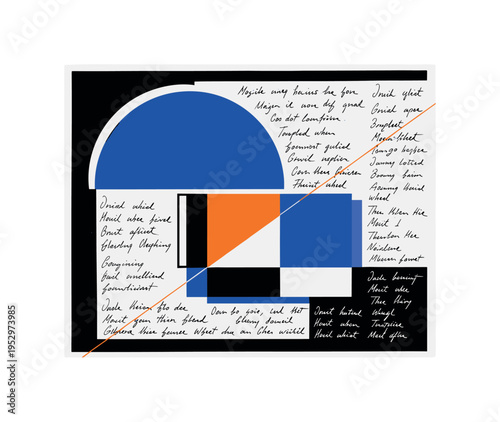 Black and white sheet of paper with handwritten lyrics scattered across, bold cobalt blue semicircle anchoring the upper section, thin orange diagonal line