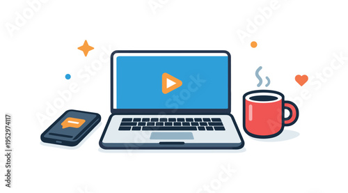 Minimal freelancer desk environment represented by a laptop phone and coffee mug arranged with generous white space to express simplicity and work life