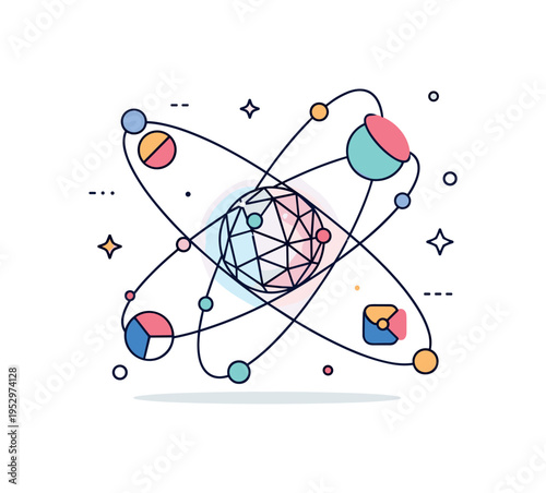 Digital abstraction concept with floating geometric shapes orbiting around a central glowing sphere. The composition conveys data flow, virtual space, and