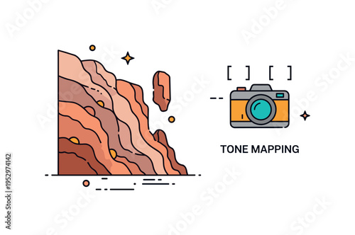 HDR photography canyon depth scene featuring layered rock formations with distinct tonal separation and a small camera icon displaying bracket symbols,