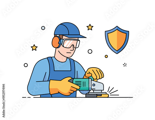 Power tool operation safety concept featuring a worker with protective gloves and goggles using a handheld grinder, with a small shield icon accent