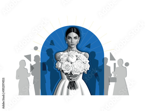 black and white bride holding bouquet forward while abstract silhouettes of guests appear as faint geometric shapes, bold blue semicircle anchoring background,