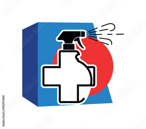 Black and white medical cross symbol combined with a spray disinfectant bottle, oversized blue geometric block behind and red circular accent overlapping