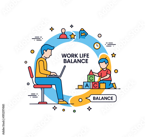 Work life balance with kids showing a parent seated at a laptop on one side and a child building blocks on the other, connected by a soft circular layout that