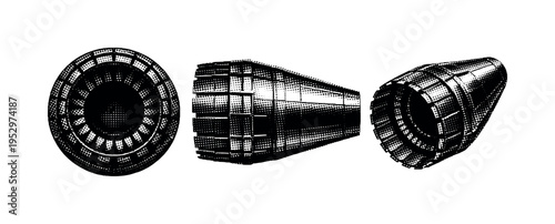 Airplane turbine exhaust nozzle A realistic jet engine exhaust nozzle with tapered geometry and structural ribs, presented in three views such as rear view,
