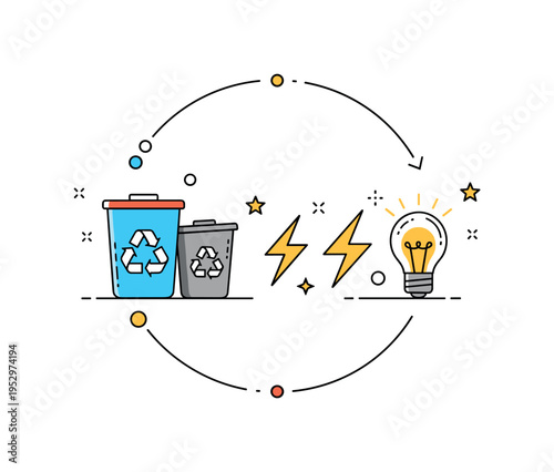 Renewable resource transformation scene with trash icons gradually morphing into energy symbols like a lightning bolt and glowing bulb expressing innovation in