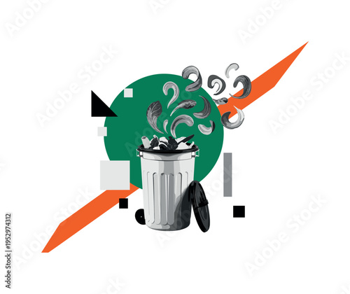 Black and white compost bin with organic scraps transforming into abstract leaf shapes, bold emerald circular backdrop partially hidden behind, sharp orange