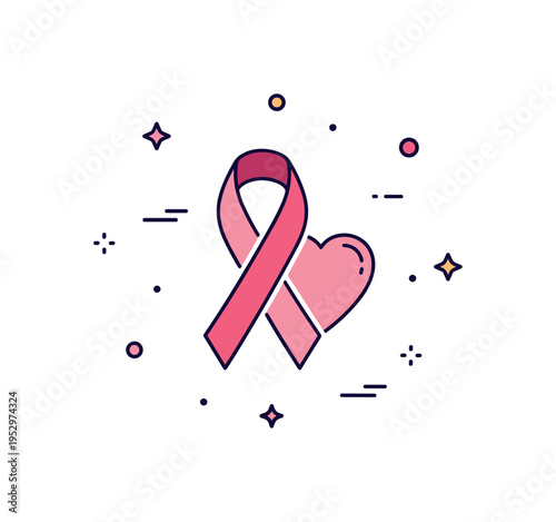 Breast health awareness badge centered on a ribbon icon integrated with a subtle heart shape, symbolizing solidarity, screening awareness, and community