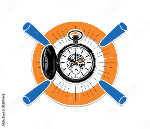 Black and white retro pocket watch slightly open showing simplified inner mechanics, bright orange circle framing the watch face, blue cylindrical forms
