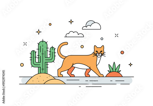 Wildcat in desert landscape featuring a simplified cactus and sand shapes symbolizing adaptation and survival in harsh environments. Balanced negative space