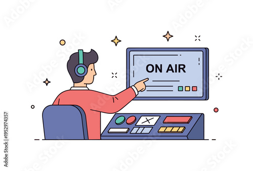 Broadcast director at work central figure pointing toward a large preview screen labeled On Air with subtle light accents, expressing leadership and split