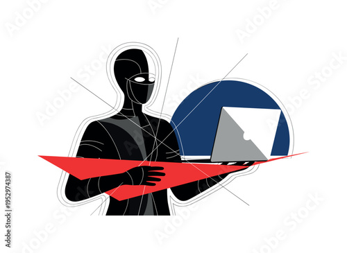 Black and white abstract character locking a small safe box, oversized blue circular halo centered behind the safe, sharp red rectangular block