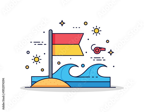 Beach safety awareness depicted with a red and yellow safety flag planted in sand beside stylized waves, communicating caution and lifeguard guidance. Tiny sun