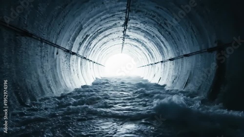 Turbulent water rushing through dark concrete tunnel toward bright light for dramatic and cinematic content