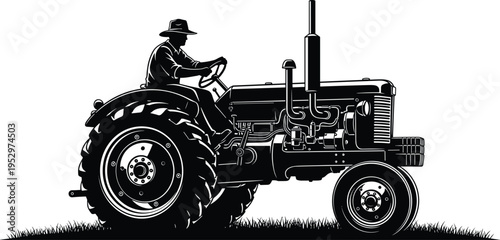 Black and white silhouette of farmer driving tractor with detailed wheels and engine, rural agriculture machinery illustration for farming and countryside design