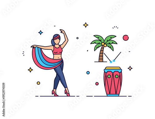 Cuban style salsa identity expressed by a dancer paired with a small palm tree and conga drum icon, symbolizing Caribbean roots and authentic musical heritage.