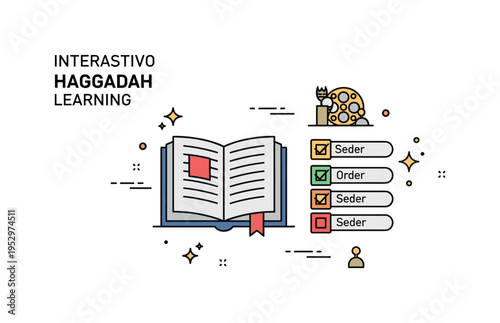 Interactive Haggadah learning badge with an open book and small checklist icons representing the Seder order, expressing educational use and ceremonial