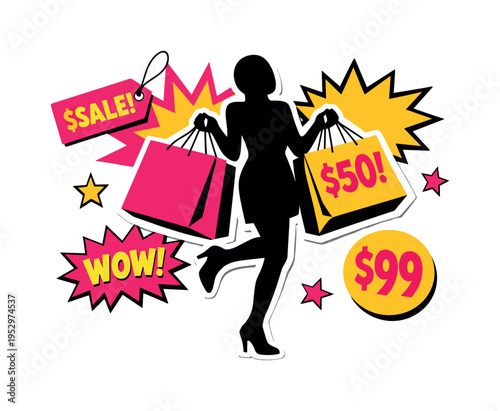 Modern graphic collage illustrating a pop art shopping excitement scene, black and white faceless human silhouette holding oversized shopping bags, dynamic