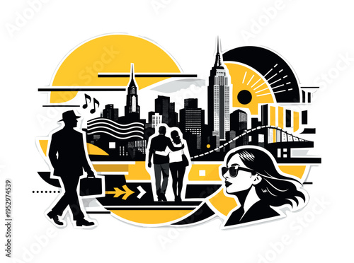 A dynamic modern-retro collage showing black and white city silhouettes with people and buildings intersected by semicircles, thin linear elements and abstract