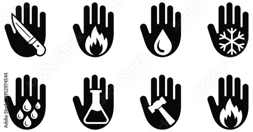 Set, of 8 hand safety icons, warning symbols, vector illustrations, workplace hazard signs, protective and caution graphics, occupational safety symbols, industrial safety design, flat vector set for 