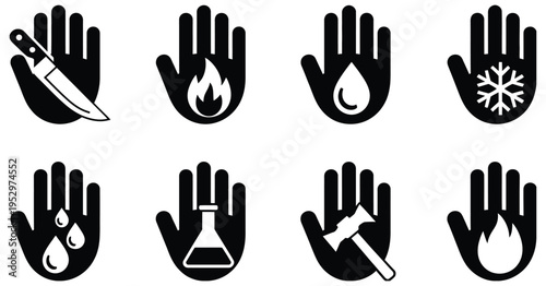 Set, of 8 hand warning icons, safety symbols for workplace, caution and hazard vector illustrations, protective measures, occupational safety, industrial hazard alerts, flat vector graphics for manual