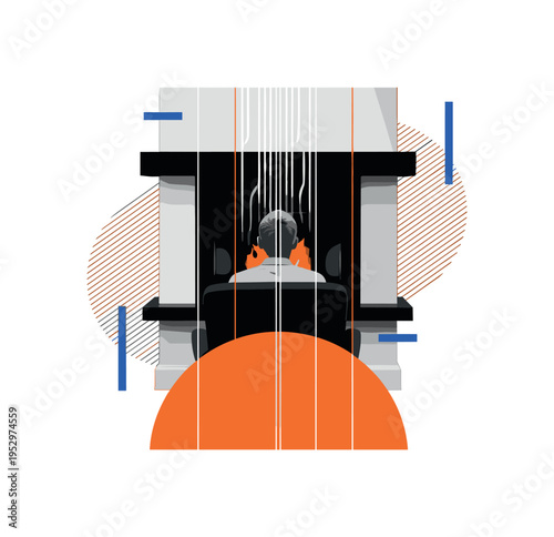 Black and white image of a seated figure viewed from behind facing a geometric fireplace, oversized orange semicircle dominating the lower center, thin