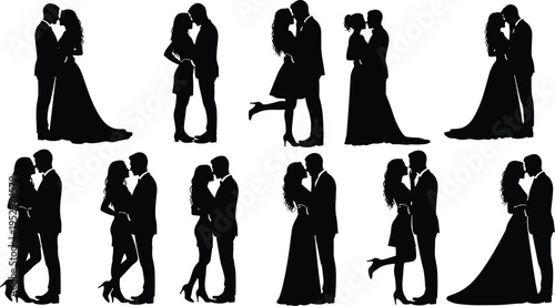 Romantic wedding couple silhouettes featuring bride and groom in various poses cad drawing flat vector illustration flavector isolated design set.