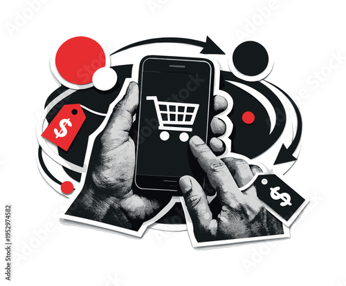 A black and white close-up of hands holding a smartphone with a shopping cart symbol on screen, layered paper-cut collage style with white contour, abstract