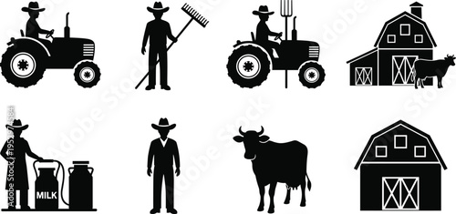 Black silhouette farming icons featuring tractor, barn, cow, farmer with rake and milk containers, agriculture equipment and livestock illustration for rural farm life design