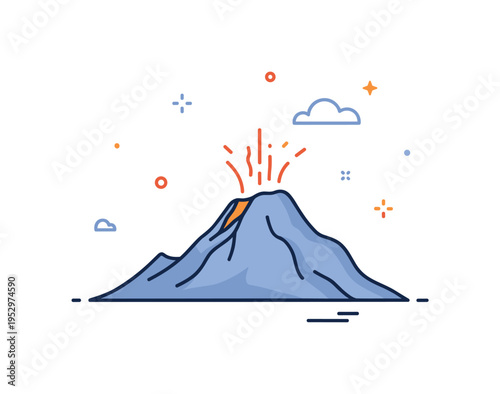 Dormant volcano awakening concept featuring a calm mountain silhouette with subtle heat lines beginning to rise from the crater, expressing early signs of