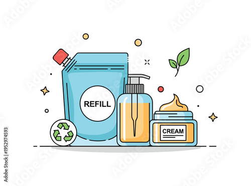 Eco friendly skincare packaging concept illustrated by refill pouch next to reusable glass bottle and cream jar, expressing sustainable beauty and reduced