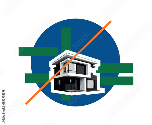 Black and white modern house facade with visible security cameras mounted on corners, oversized cobalt blue circular backdrop symbolizing / monitoring, bold