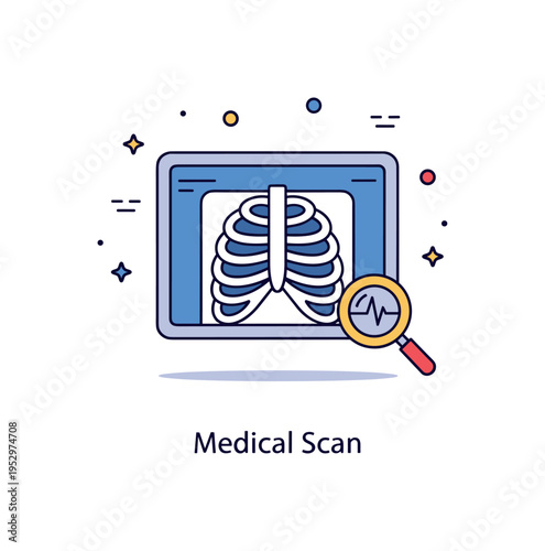 Chest x-ray medical imaging concept featuring a simplified ribcage silhouette displayed on a glowing screen with a small magnifying glass icon