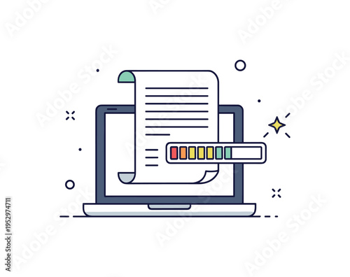 Novel writing progress illustration showing a laptop paired with a small progress bar and tiny star accent. The scene reflects dedication, milestones, and
