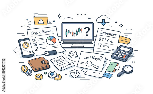 Messy crypto records. A desk with scattered notes, wallets, and digital files, disorganized financial history and reporting challenges, controlled chaos with