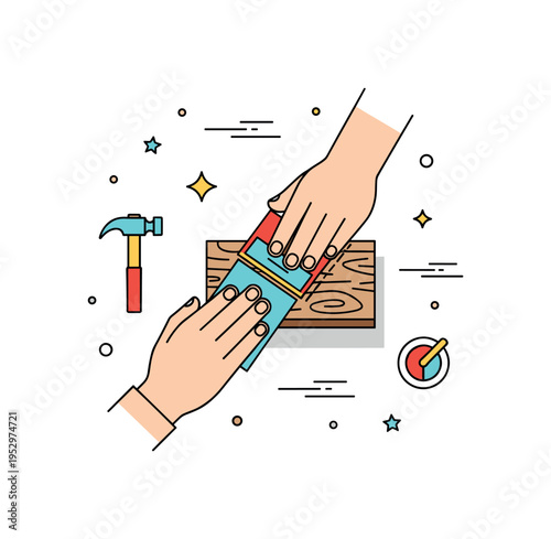 Woodworking hobby concept illustrated by hands carefully sanding a small wooden board, expressing patience and craftsmanship. Subtle wood grain lines and a